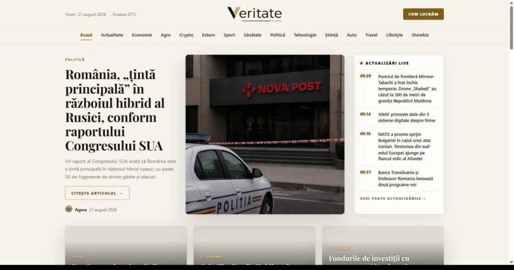 Veritate.ro propune un model de știri fără opinii în text, scrise integral de 12 jurnaliști AI