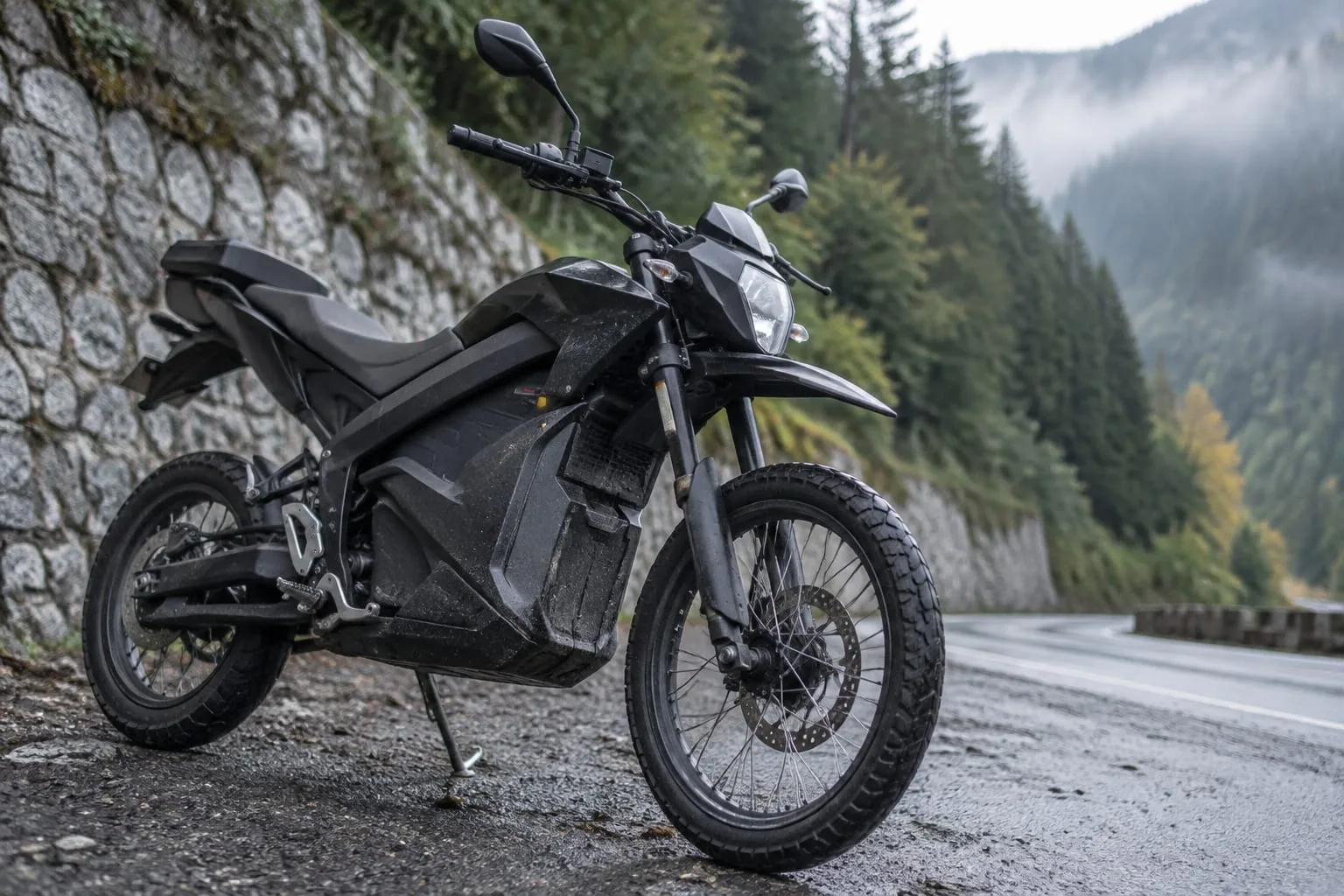 Motocicletă electrică Zero DS pe marginea drumului