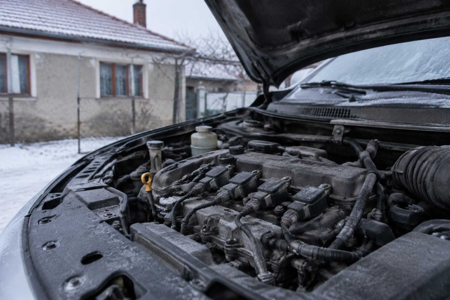 Motorul unei mașini expus la temperaturi scăzute în timpul iernii